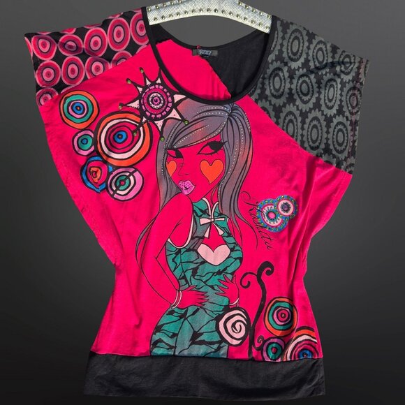 Y2K Graphic Top Size M Colorful Funky Emo Scene Gyaru Indie Mcbling Girl Print - Picture 2 of 7